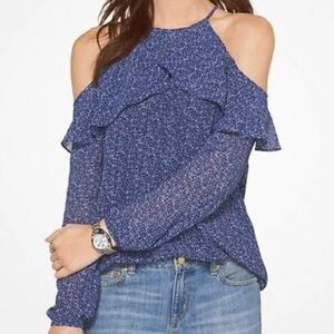 Open shoulder long sleeve, floral blue print size XL